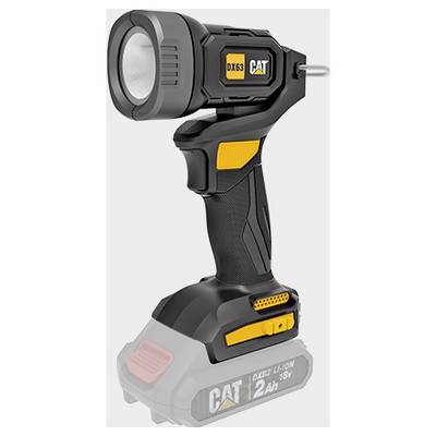 CAT cordless handheld flashlight with large front lamp, black and yellow body, shown with battery base attached<br>