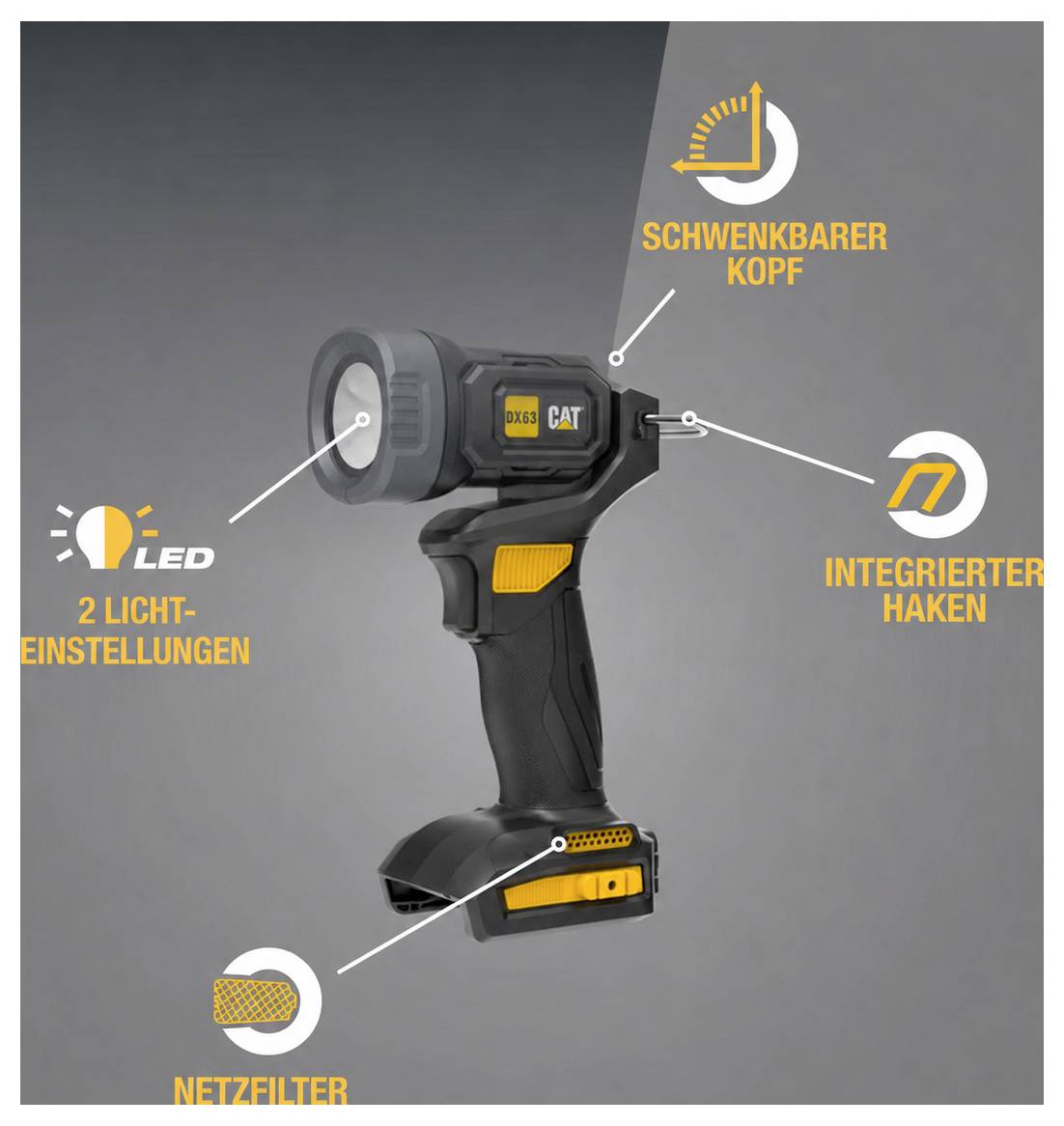 CAT cordless work light shown with labeled features: swivel head, integrated hook, 2 light settings, and net filter.