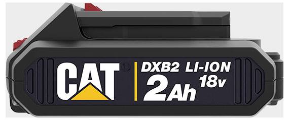 Black CAT DXB2 18v 2Ah Li-ion battery pack with white and yellow logo and red top accents