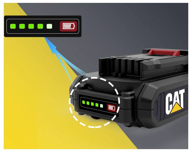 Battery pack with indicator lights showing a partly charged CAT battery, highlighted by a zoomed inset of the charge level display.