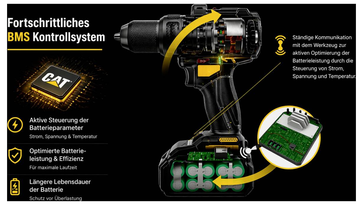 German infographic of a cordless drill with 'Fortschrittliches BMS Kontrollsystem', showing battery management controlling current, voltage and temperature for longer runtime and battery life.