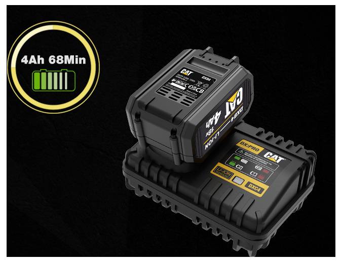 CAT battery charger and battery pack shown on black background, with icon reading '4Ah 68Min' and a green battery level indicator.