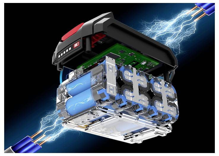 Exploded view of a rechargeable battery pack, showing blue battery cells, circuit board, and electrical connections with lightning effects.<br>