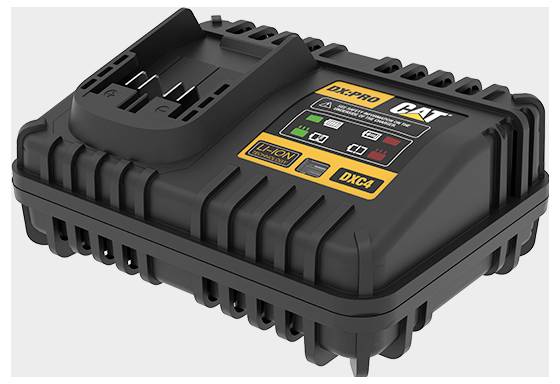 Black CAT battery charger dock with status lights and labels, shown in three-quarter view on a white background.