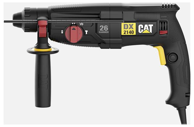 Black CAT DX 2140 hammer drill with side handle and yellow trigger, shown in profile on a white background.