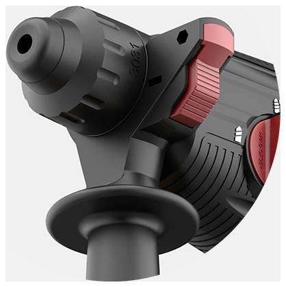 Close-up of a black and red adjustable power tool head with a chuck opening and side grip handle on a white background.
