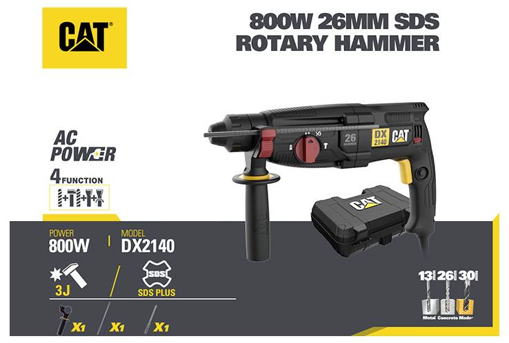 CAT DX2140 800W 26mm SDS rotary hammer with AC power, 4 functions, 3J impact energy, and SDS Plus chuck; includes drill bits and case.
