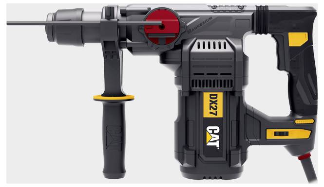 Side view of a cordless CAT rotary hammer drill with side handle and attached drill bit, shown on a white background.