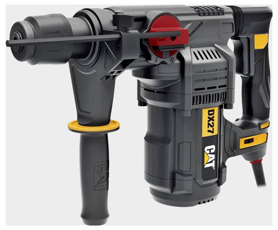 Corded CAT DX27 rotary hammer drill with side handle and chisel attachment, shown in product-style side view on a white background.