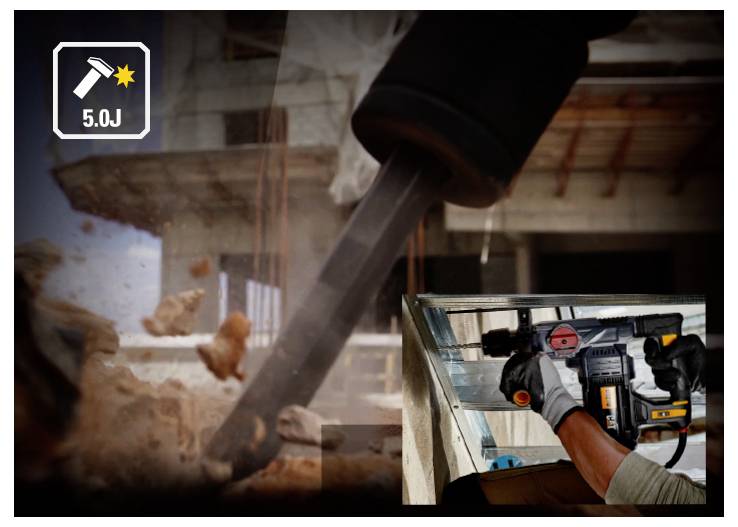 Worker uses a power hammer drill to break concrete; inset shows the drill in use, with a '5.0J' impact rating icon.