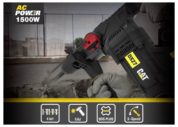 Cat AC Power 1500W demolition hammer in use breaking concrete, with icons showing 4-in-1, 5.0J, SDS Plus, and 6-speed features.