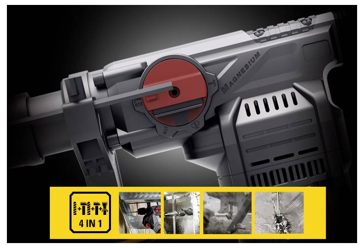 Close-up of a power tool with a red selector switch labeled '4 IN 1' and four small images showing its different uses.