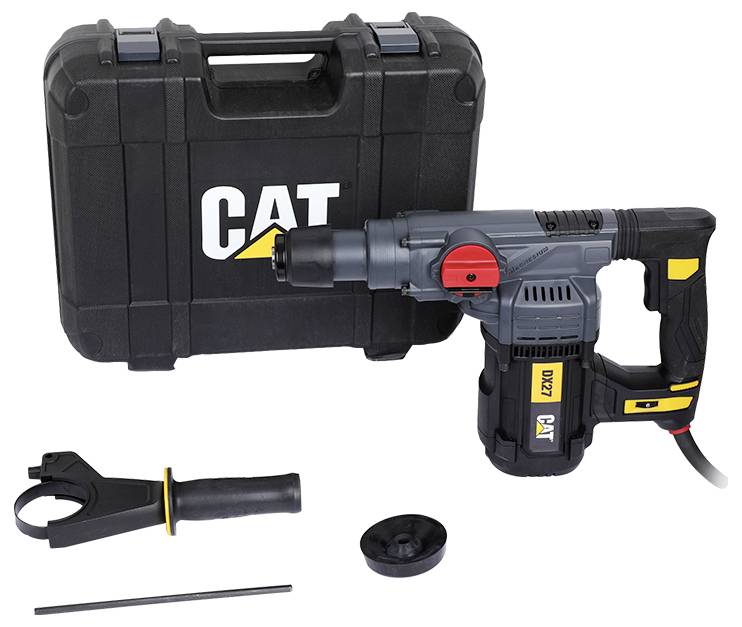 CAT electric rotary hammer drill with carrying case, side handle, depth rod, and bit accessories on a white background.