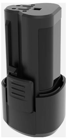 Black cylindrical battery pack with a top connector and side latch, shown on a white background.<br>