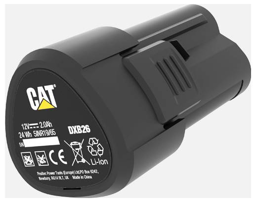 Black CAT DXB26 lithium-ion battery pack labeled 12V 2.0Ah and 24Wh on a white background.