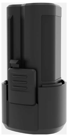 Black cylindrical battery pack with a side latch and vented panel, shown in a product-style isolated view.