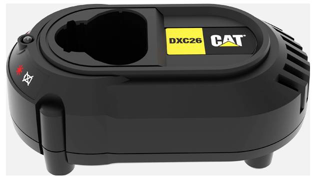 Black CAT DXC26 battery charger with a circular top charging bay and CAT logo on the side.