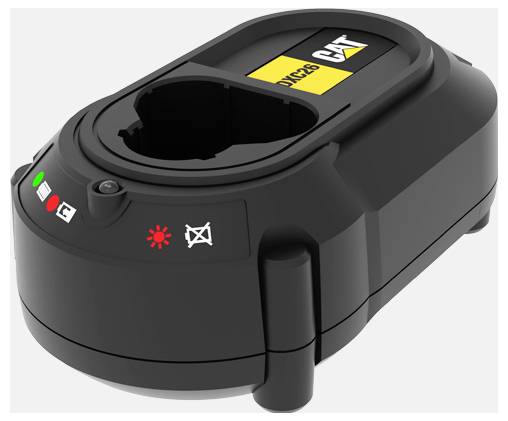Black CAT battery charger base with status lights and an empty charging bay.