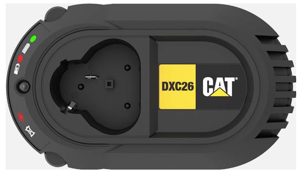 CAT DXC26 cylindrical device or charger with a power socket on the left and 'DXC26' and 'CAT' branding on the right.