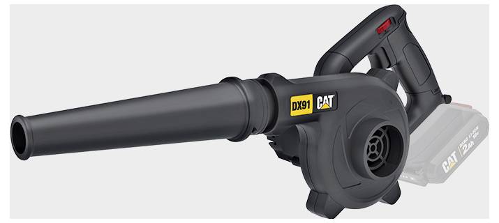 Black CAT DX91 cordless leaf blower with long nozzle, shown in side view on a light background.