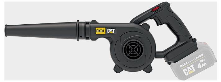 Battery-powered CAT leaf blower with long nozzle, side handle, and attached 18V 4Ah lithium-ion battery pack shown on a white background