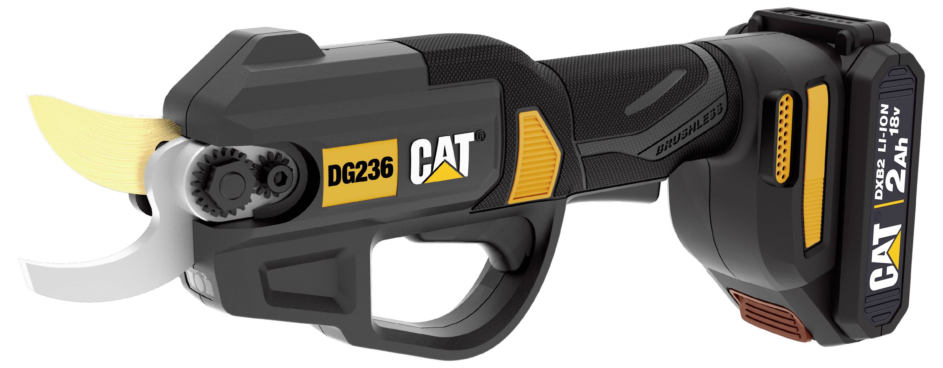 CAT DG236 cordless pruning shears with black and yellow handle, shown in side view with blade exposed.