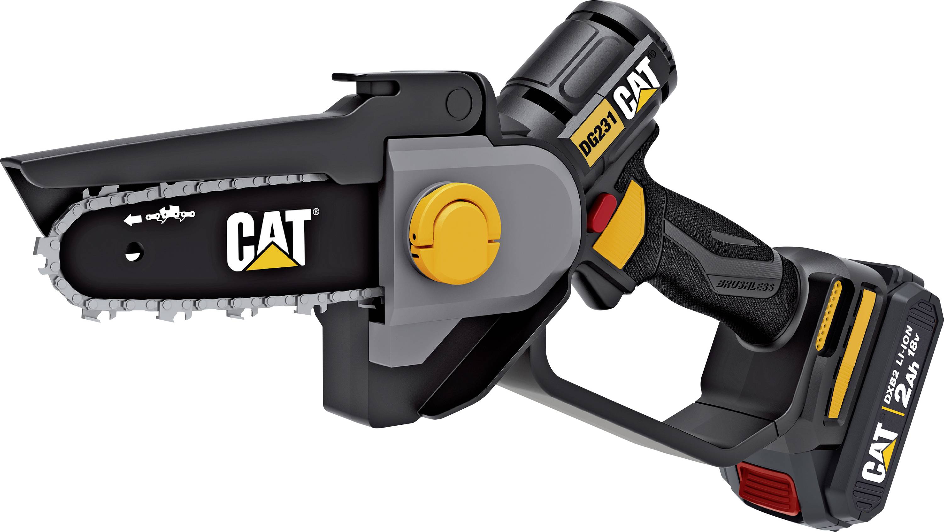 CAT-branded cordless pruning saw with a black cutting blade, yellow adjustment knob, and battery handle on a white background.