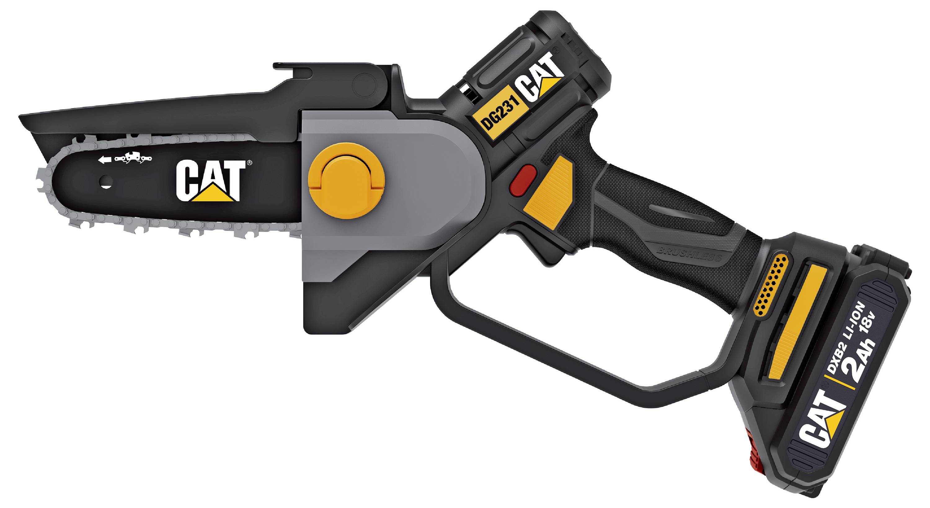 CAT cordless chainsaw with black and orange body, showing the side profile and battery pack attached at the handle.