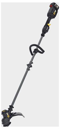 Black cordless string trimmer with adjustable shaft and loop handle, shown on a plain light background.
