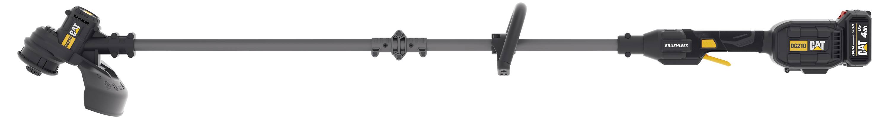 A battery-powered pole saw with an extended shaft, rear handle, and cutting head, shown horizontally on a white background.