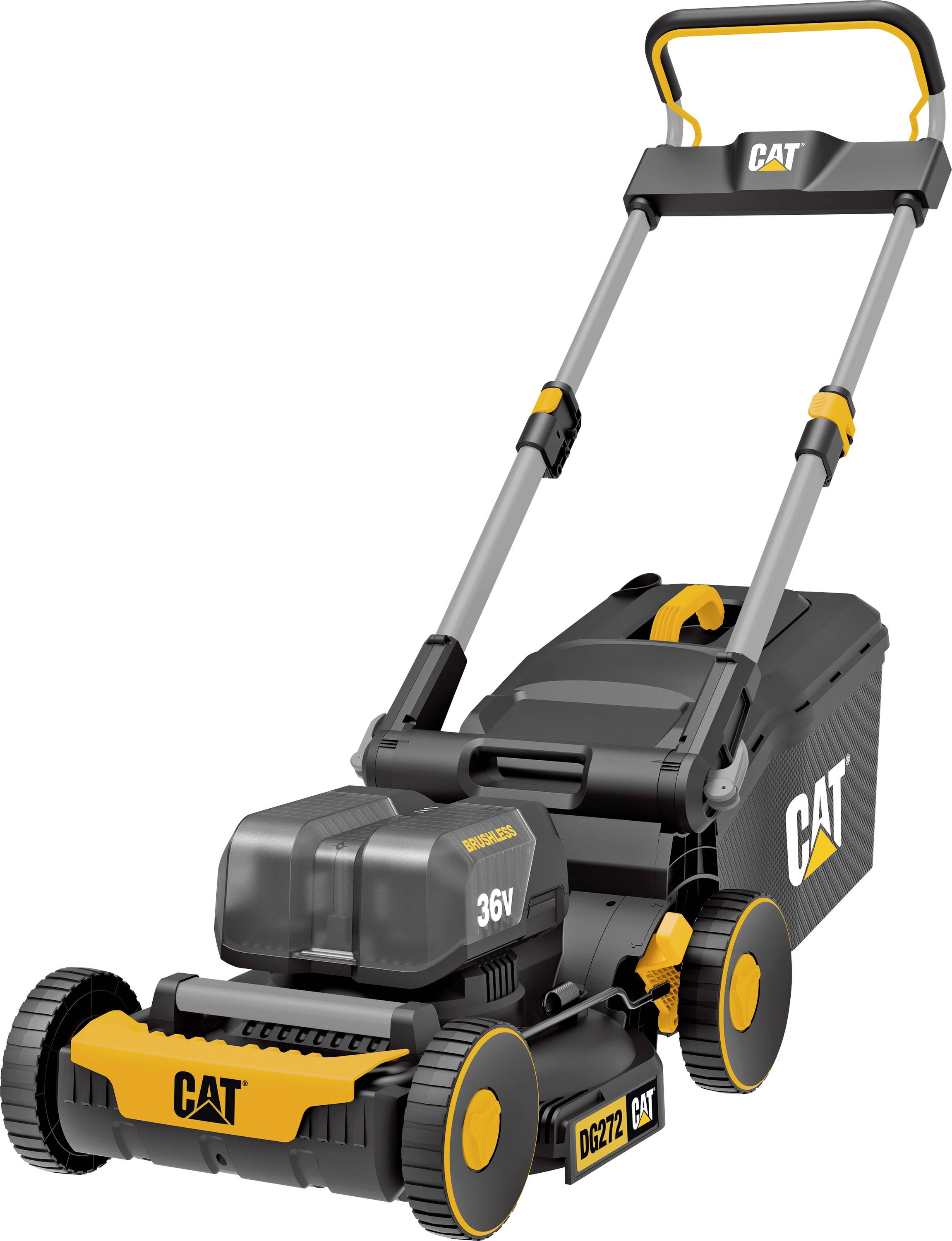 CAT 36V cordless push lawn mower with black and yellow design, shown at an angle on a white background.