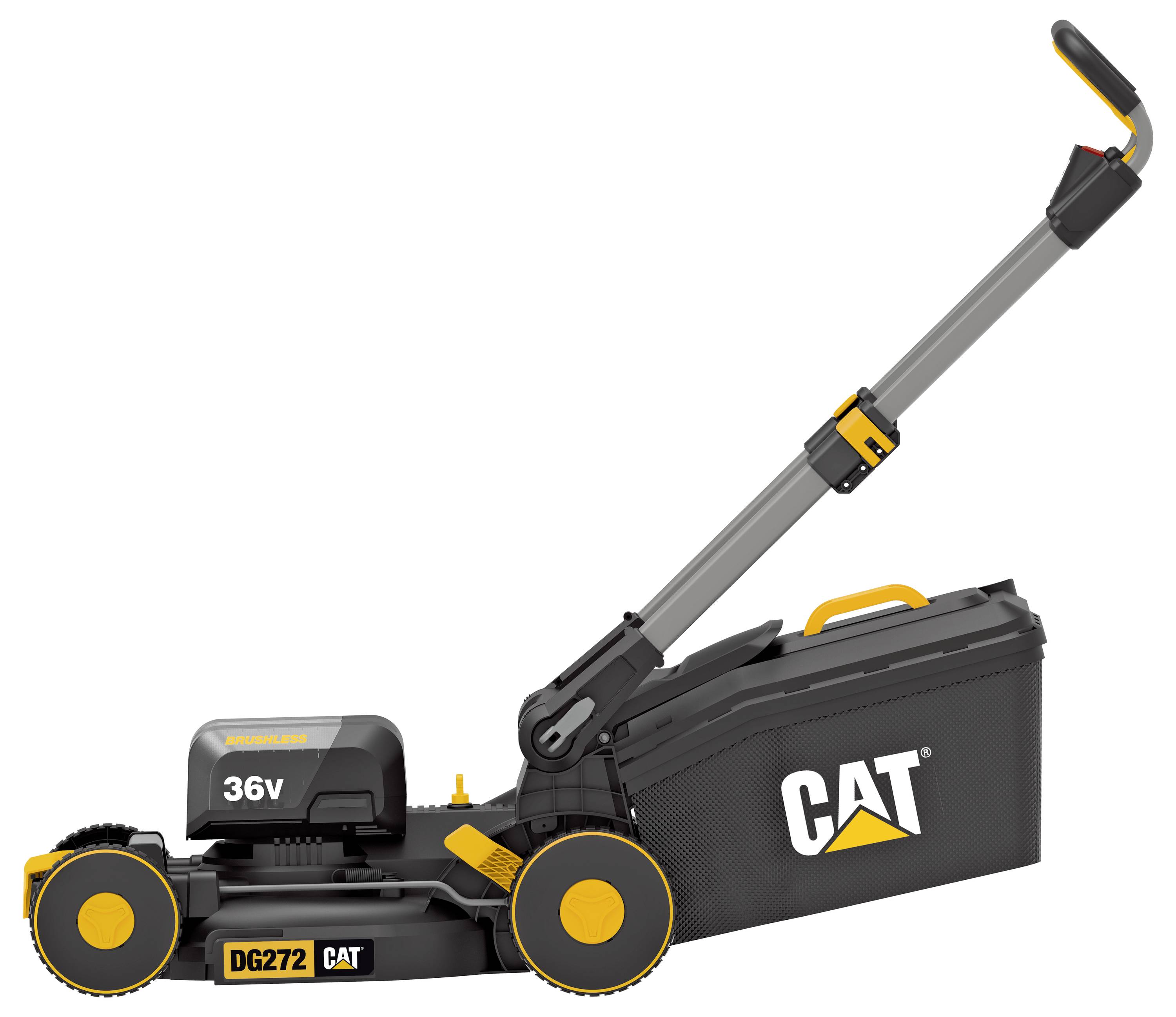 CAT 36V cordless lawn mower with rear grass bag and adjustable handle, shown in side view on a white background.