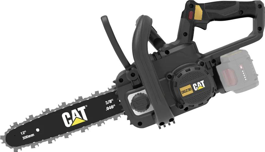 CAT cordless chainsaw with battery pack and 12-inch blade shown on a white background.