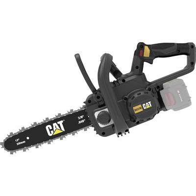CAT cordless chainsaw with battery pack and 12-inch blade shown on a white background.