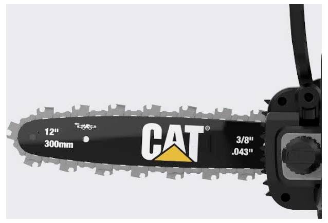 Close-up of a CAT chainsaw bar and chain labeled 12" 300mm and 3/8" .043", showing the cutting attachment on a light background.