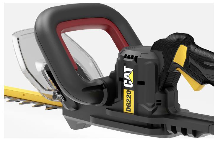Close-up of a CAT cordless chainsaw with black and yellow handle and exposed chain blade, shown on a white background.