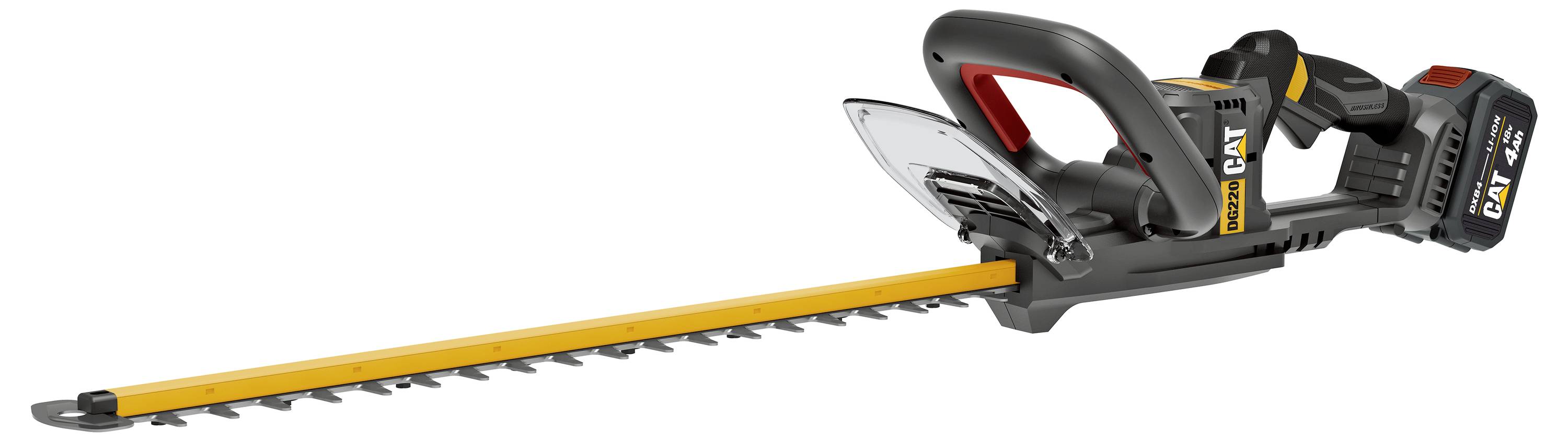 Cordless hedge trimmer with a long orange cutting blade and black handle, shown in side view on a white background.