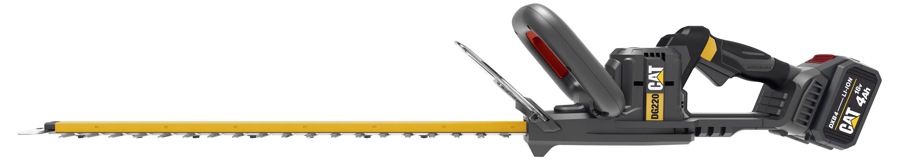 Cordless CAT pruning saw with a long yellow cutting blade and black handle, shown in side view on a white background.