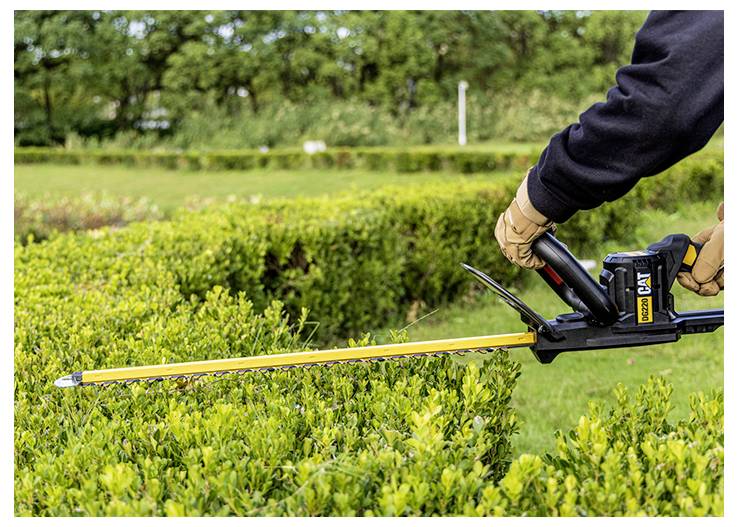 Person using an electric hedge trimmer to cut and shape a green garden hedge outdoors.