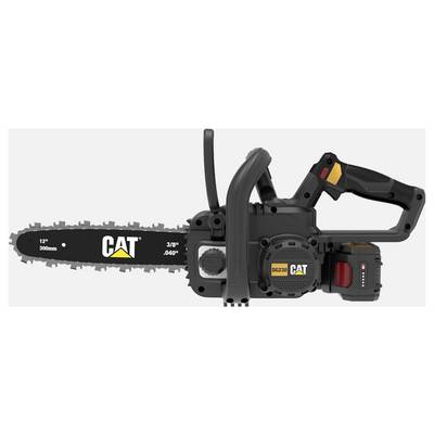 CAT 12-inch cordless chainsaw with black body, rear handle, and exposed chain blade on a light background