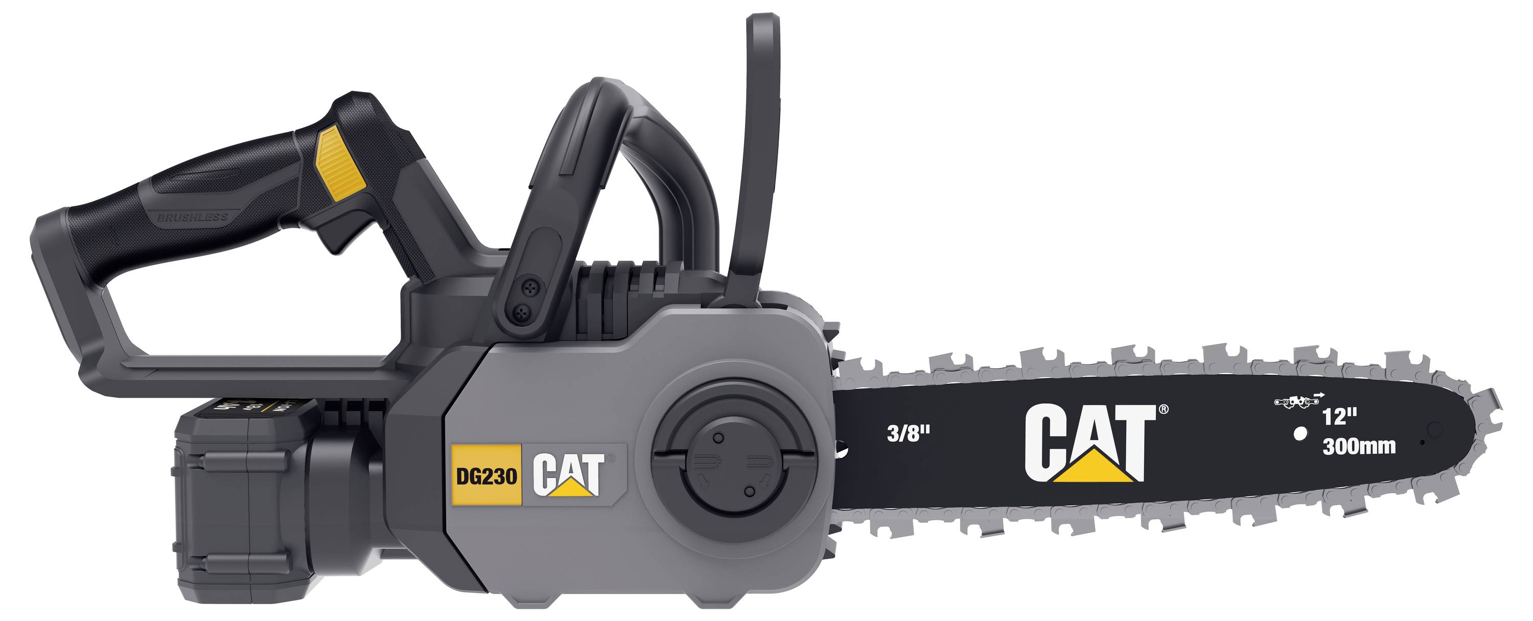 CAT battery-powered chainsaw with a 12-inch bar, shown in side view on a white background.