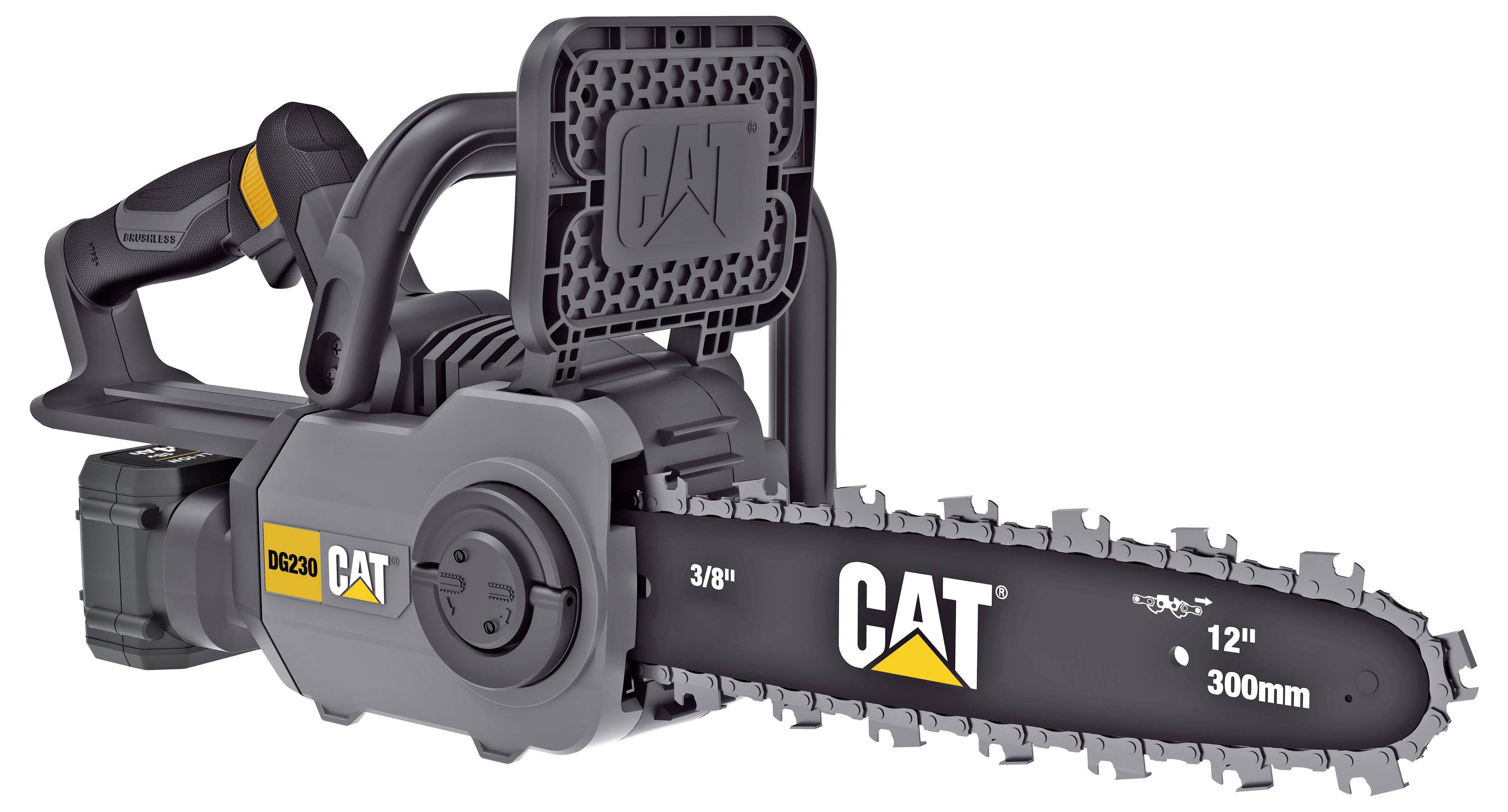 CAT 40V cordless chainsaw with 12-inch bar and 3/8-inch chain, shown in side view on white background.