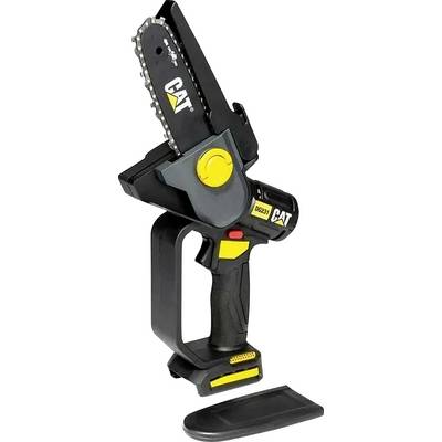 CAT-branded cordless pruning chainsaw with compact black handle, yellow controls, and blade guard shown standing upright on a battery base.
