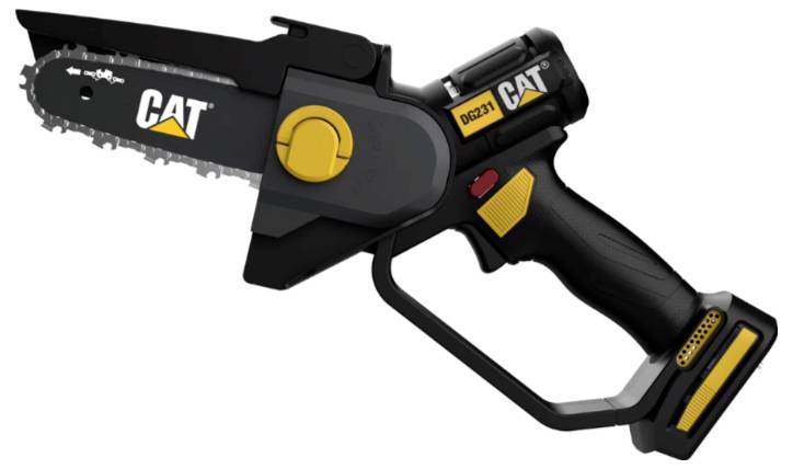 CAT cordless mini chainsaw with black and yellow handle, shown in side view on a white background.