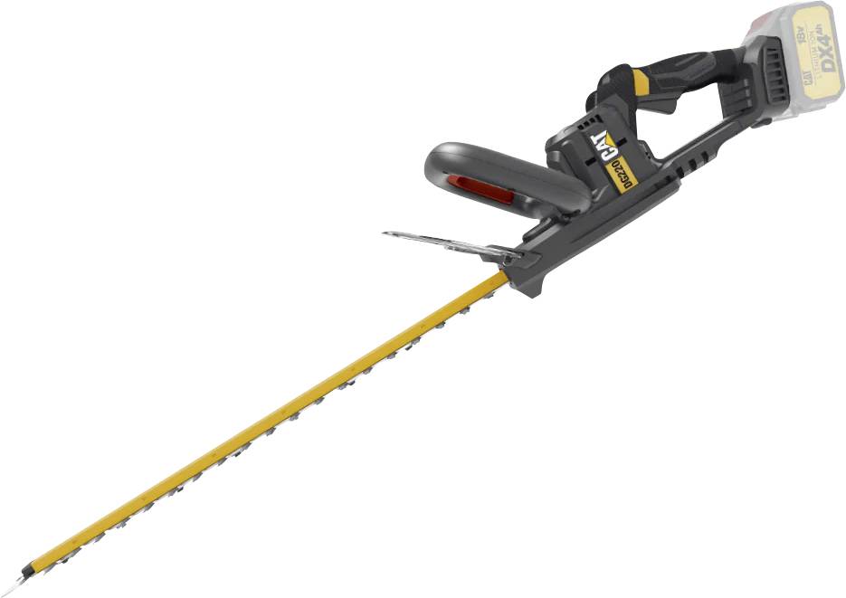 Cordless hedge trimmer with a long yellow cutting blade and black handle on a white background.