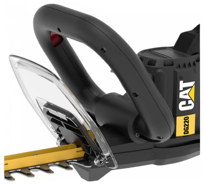CAT DG220 hedge trimmer with black handle and clear blade guard cutting yellow hedge blades on a white background