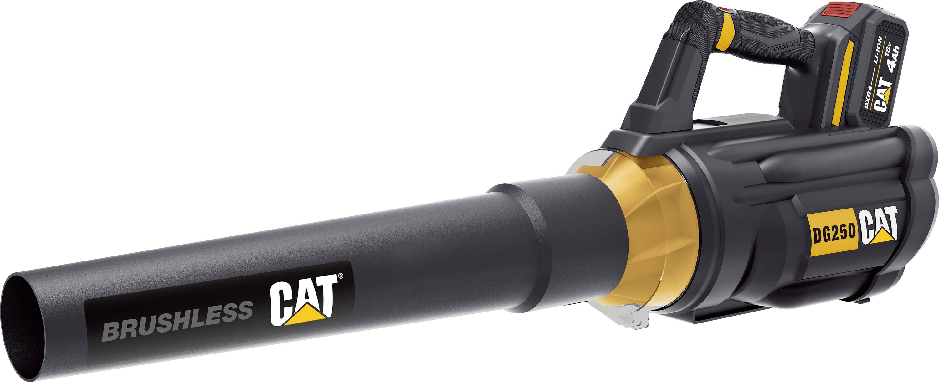 CAT brushless cordless leaf blower with black and yellow body and long black nozzle on white background