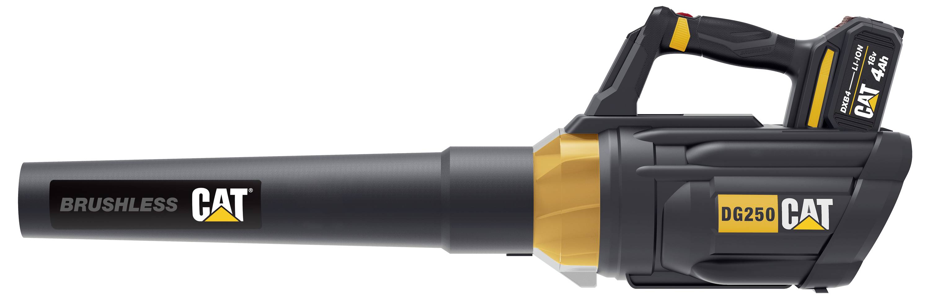 CAT brushless leaf blower with long black nozzle, black-and-yellow handheld body, shown in side view on a white background