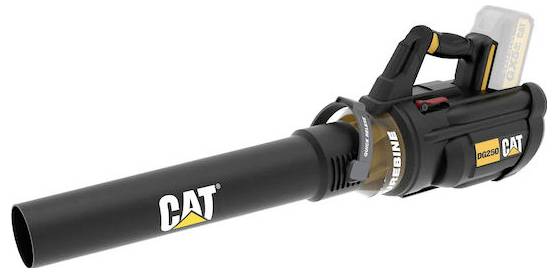 Black CAT handheld leaf blower with long nozzle, side handle, and battery pack on a white background.