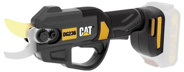 Cordless CAT pruning shear with black and yellow body and exposed cutting blades, shown on a white background.